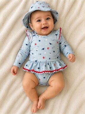 Sperry Light Blue Nautical Ruffle Long-Sleeve Swim Set with Hat